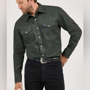 Men's XLT Wrangler Cowboy Cut Forest Green Firm Western Pearl Snap Work Shirt